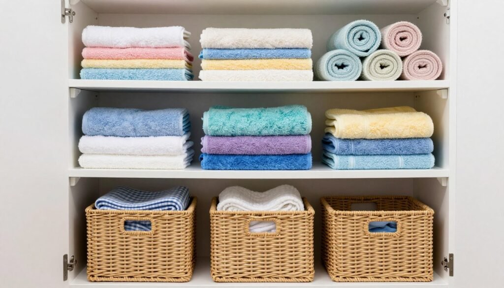 Organized linen closet with folded towels and baskets