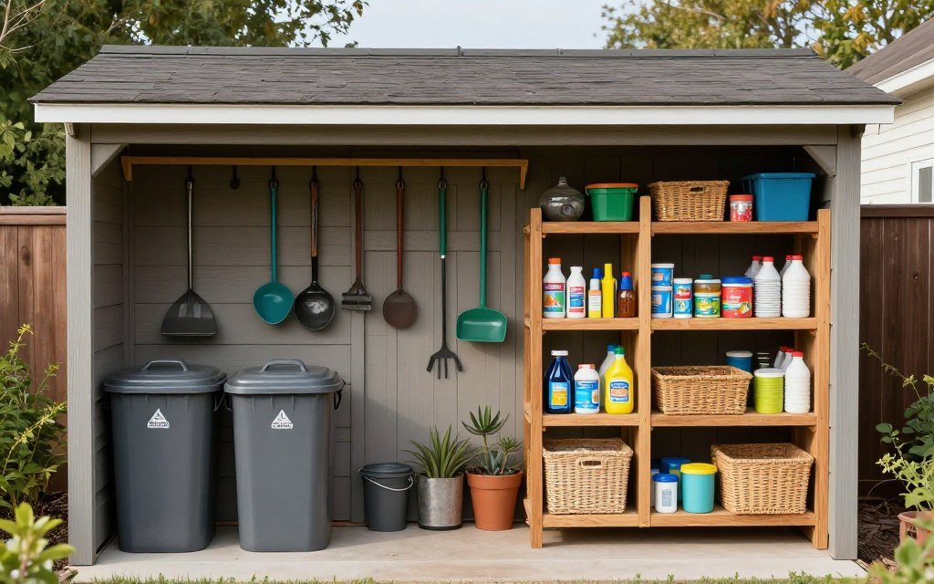 Organized outdoor shed combining multiple storage types