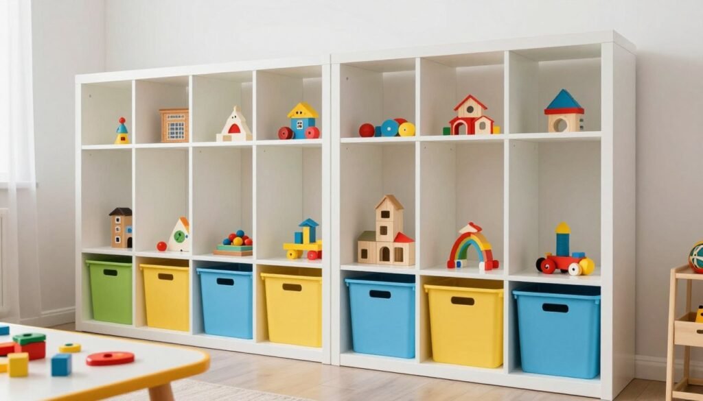 Organized playroom with open shelving unit filled with labeled storage bins