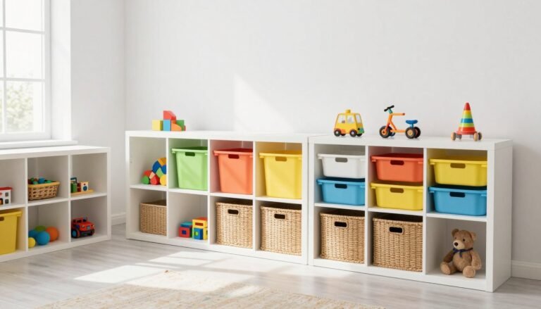 Organized playroom with various toy storage solutions including bins, baskets and open shelving