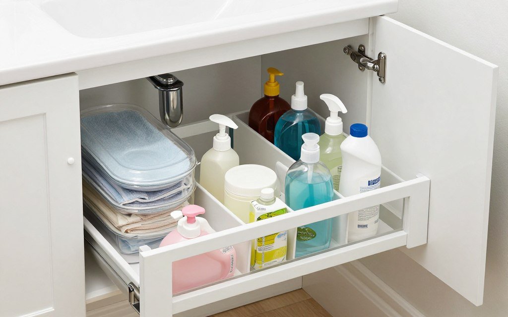 Organized under-sink bathroom cabinet with sliding drawers and storage bins