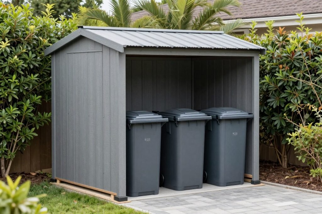 Outdoor bin shed with clear access pathway