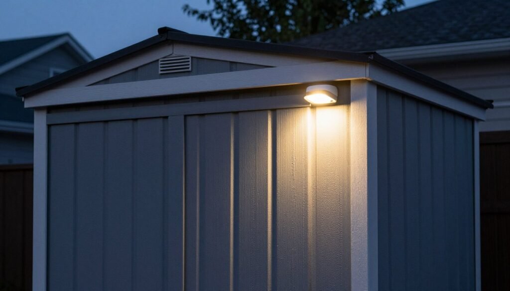 Outdoor bin shed with motion sensor lighting