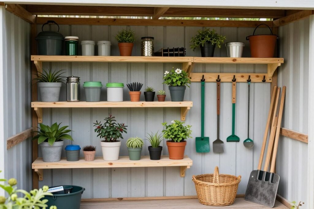 Outdoor shed with organized tool storage shelves