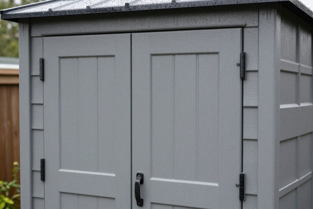 Outdoor storage shed protecting garbage bins from weather