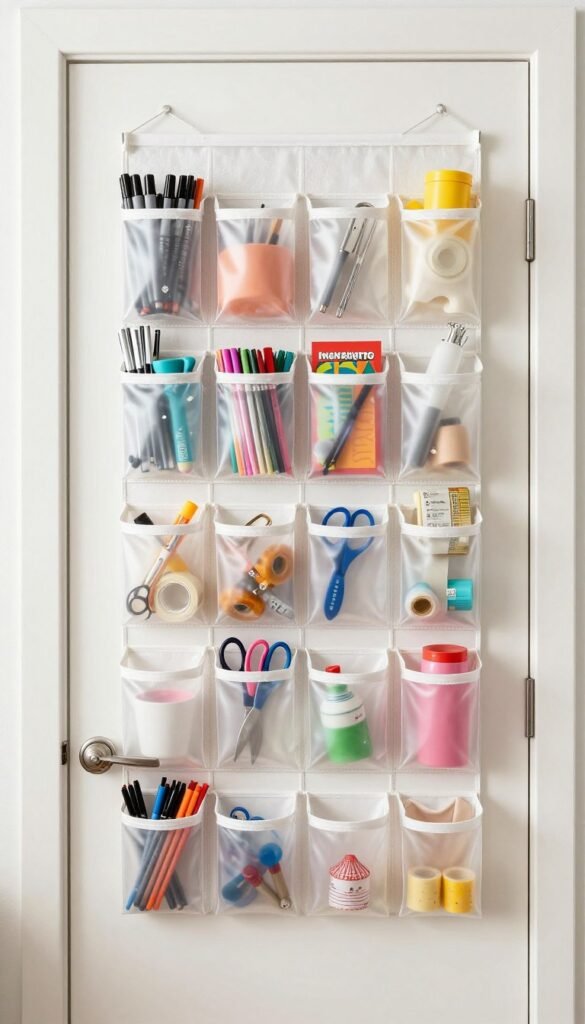 Over-the-door hanging organizer with clear pockets for craft supplies