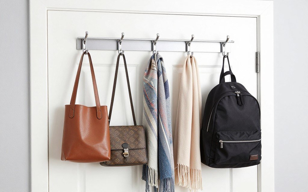 Over-the-door hook rack with multiple hooks holding bags and accessories
