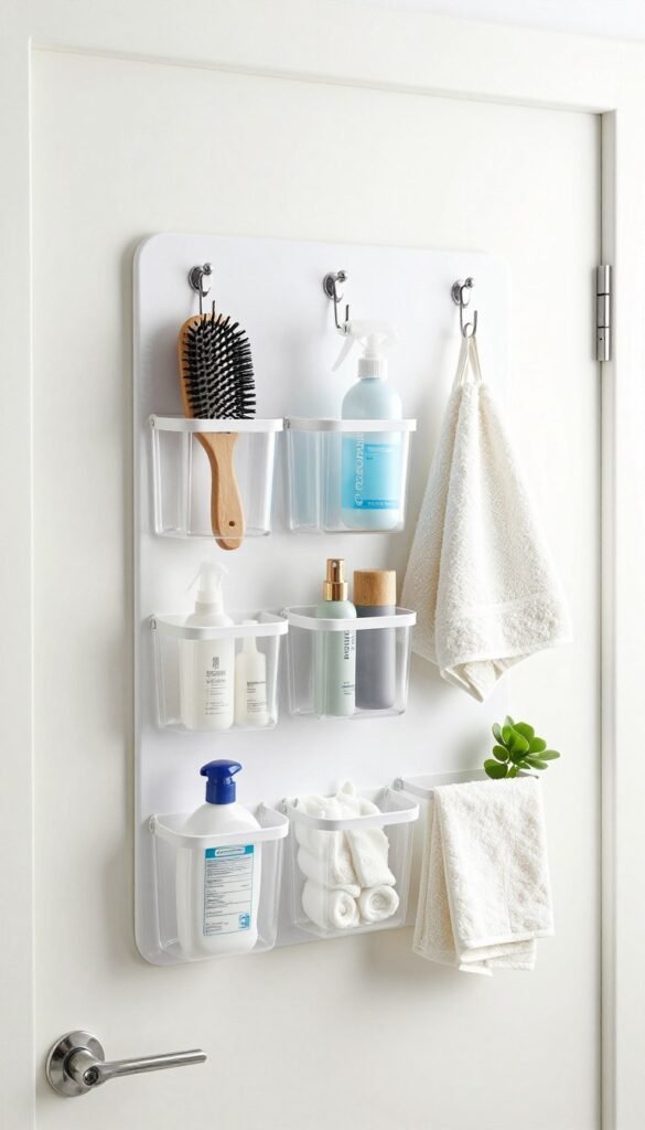 Over-the-door organizer with bathroom supplies and towels