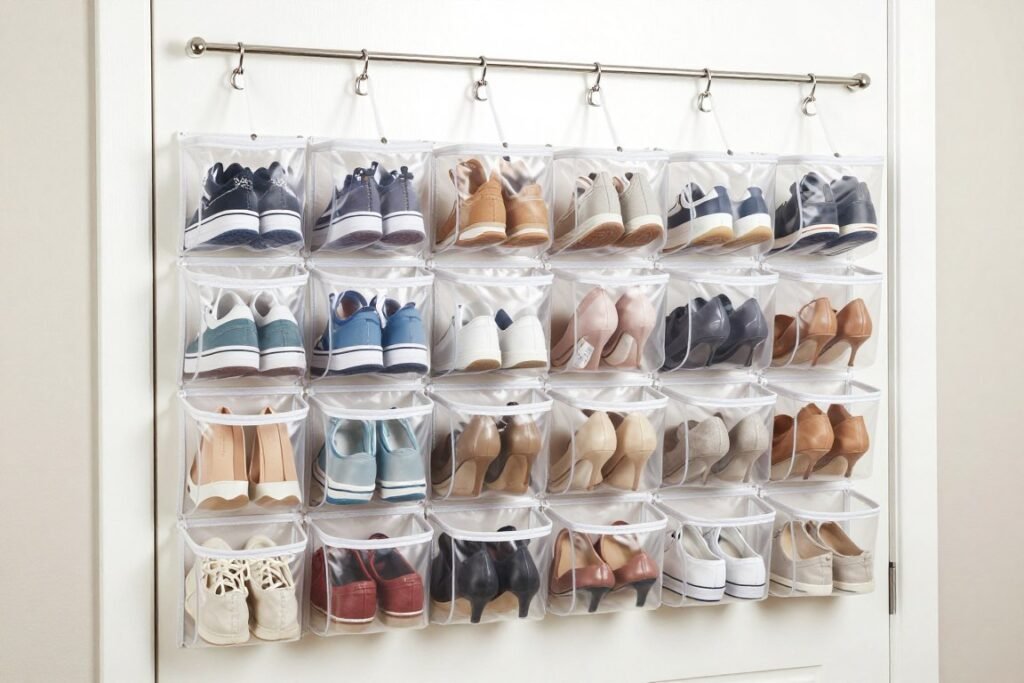 Over-the-door shoe organizer with clear pockets displaying footwear collection