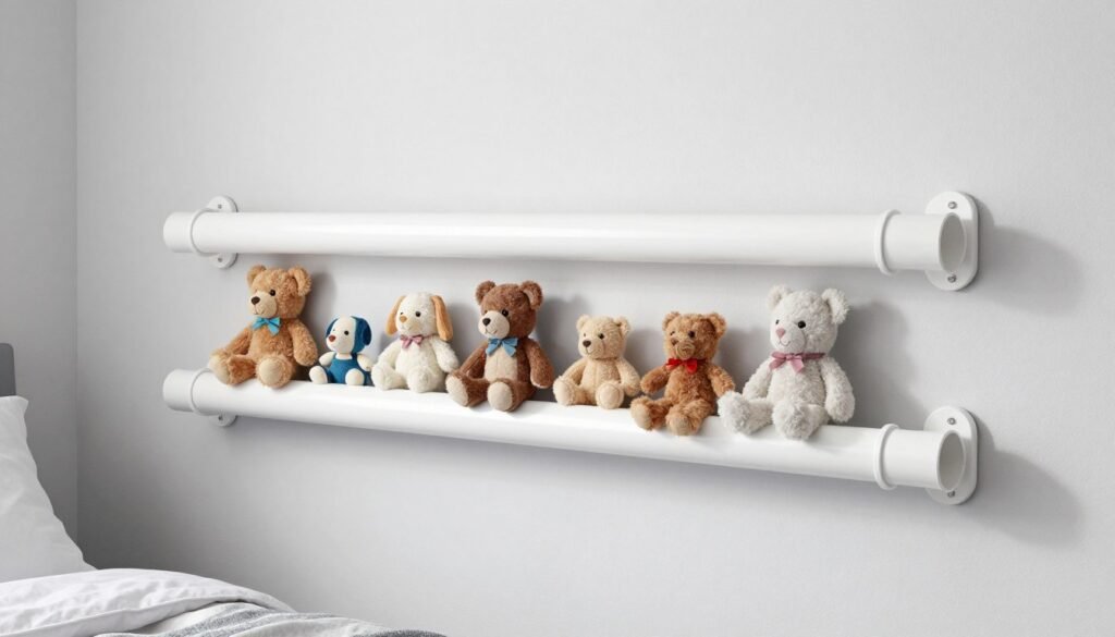 PVC pipe mounted on wall holding stuffed animals in tubes