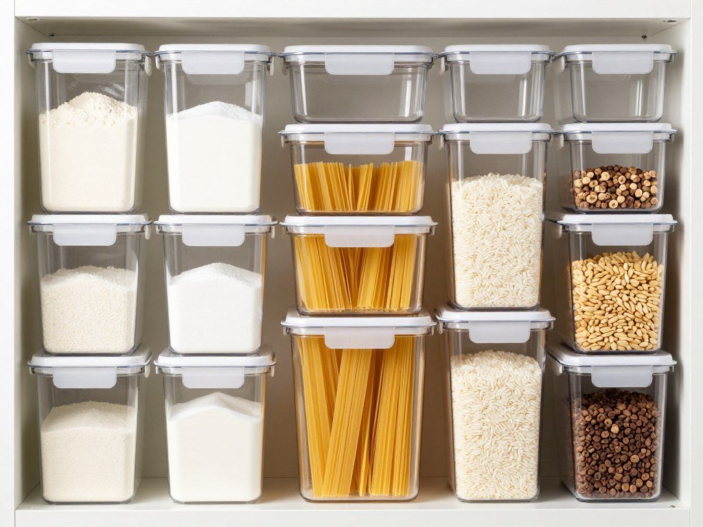 Pantry shelves with stackable clear storage containers labeled for dry goods