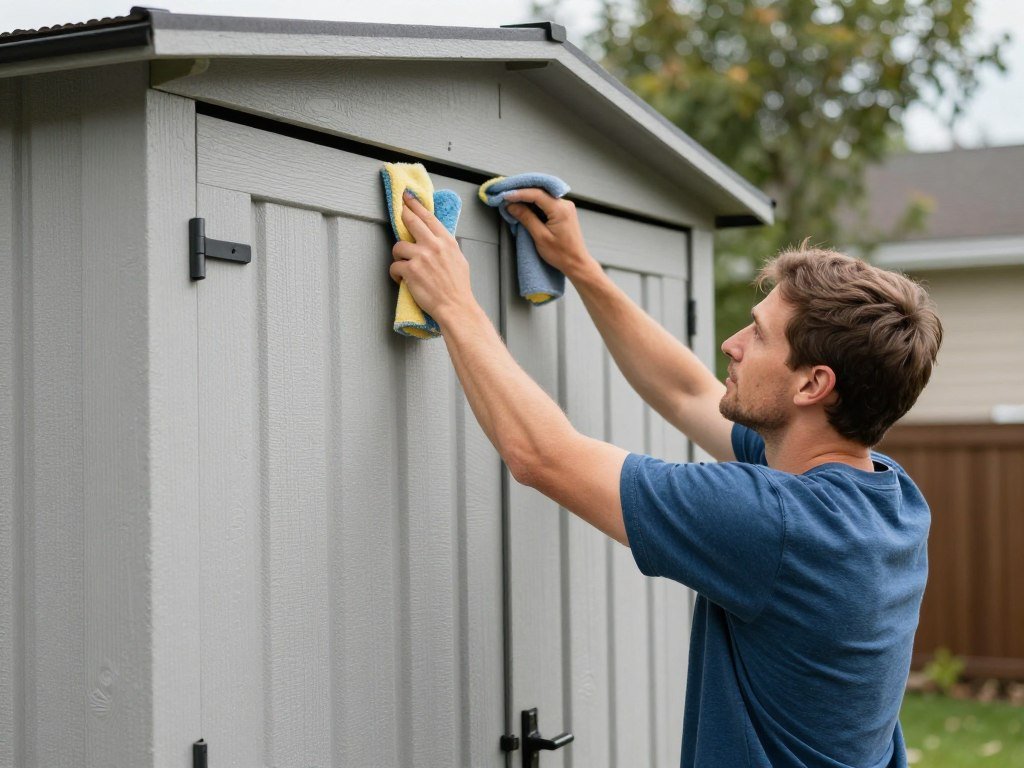 Person performing maintenance on outdoor bin shed