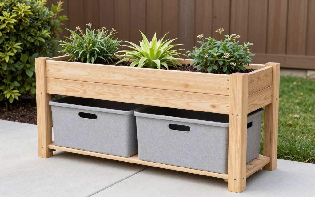 Planter box with integrated bin storage