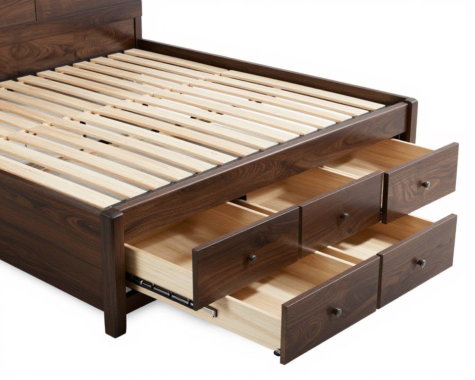 Platform bed frame with multiple built-in storage compartments and drawers