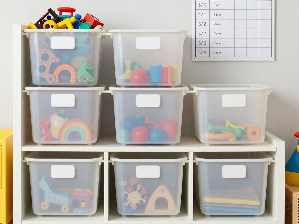Playroom storage system showing toy rotation bins labeled by category