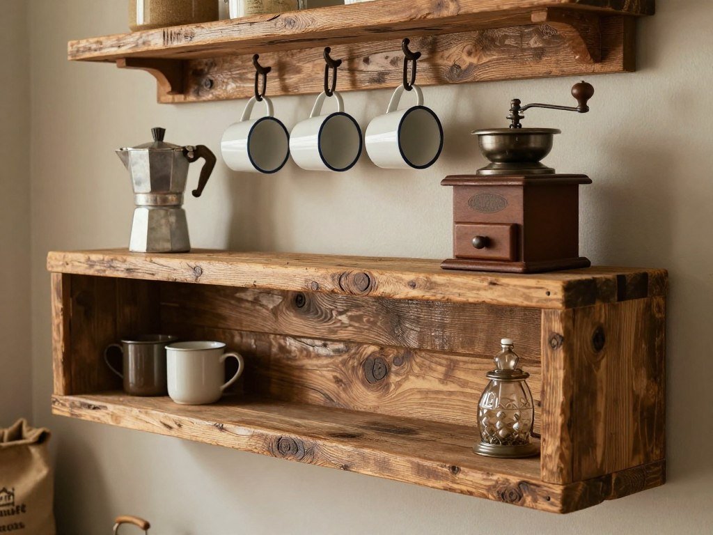 Reclaimed wood shelf coffee bar