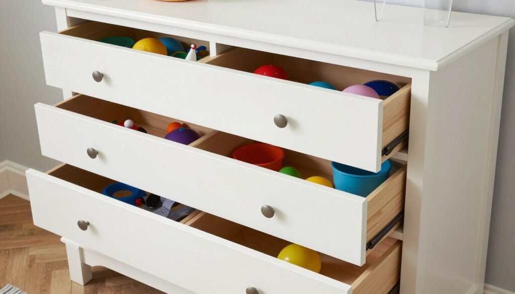 Repainted vintage dresser used as toy storage with colorful bins in drawers