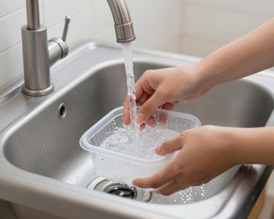 Rinsing food container before trash disposal