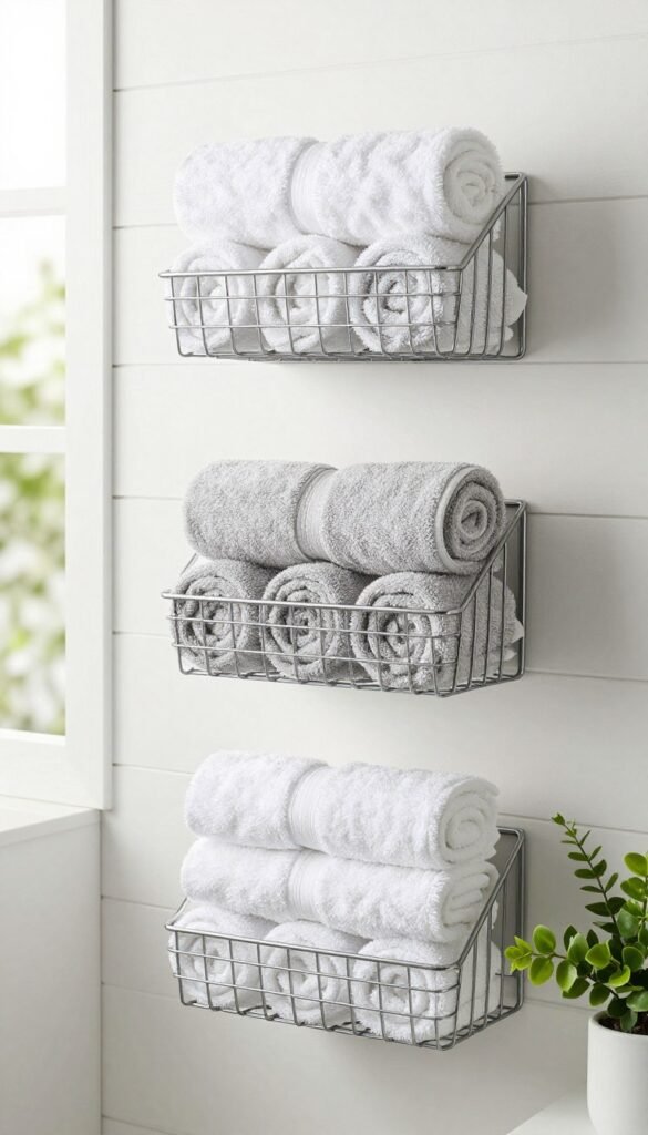 Rolled towels organized in wall-mounted baskets