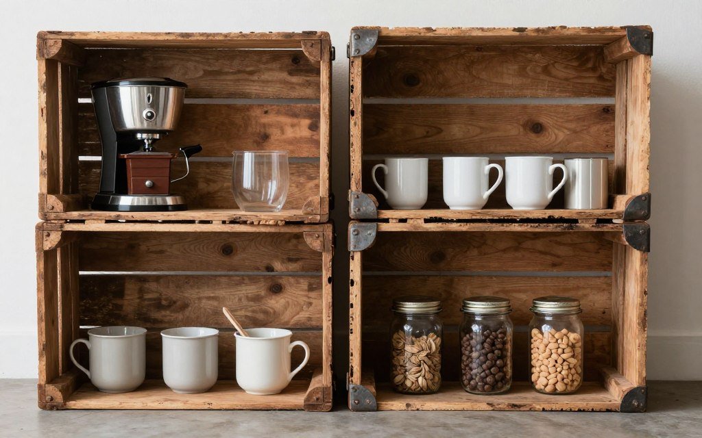 Rustic wooden crate coffee organization