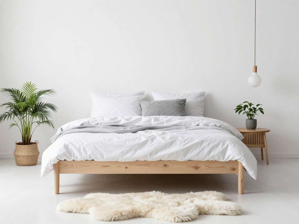 Scandinavian style small bedroom with light wood and white tones