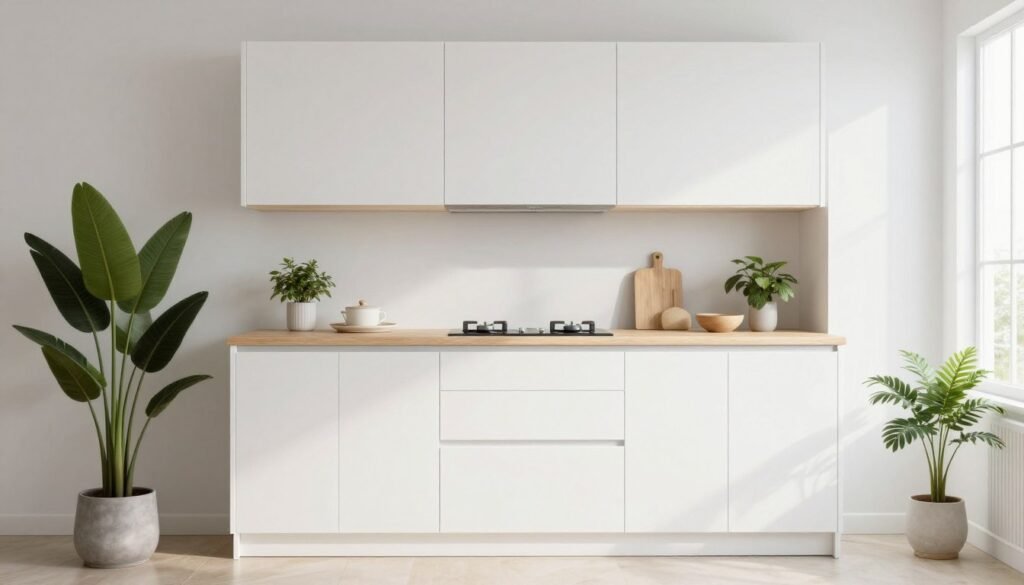 Scandinavian style small kitchen with white and wood tones