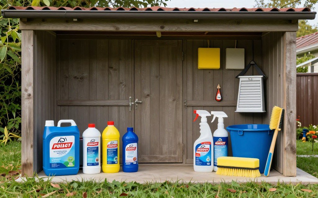 Seasonal maintenance supplies for outdoor shed