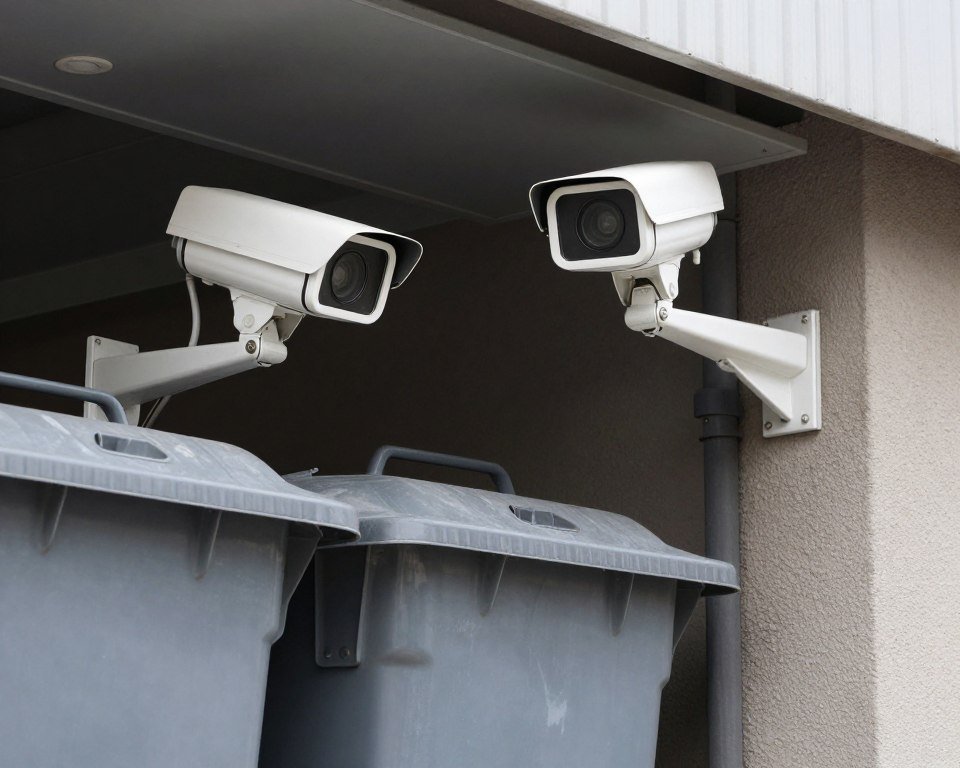 Security camera monitoring outdoor bin area