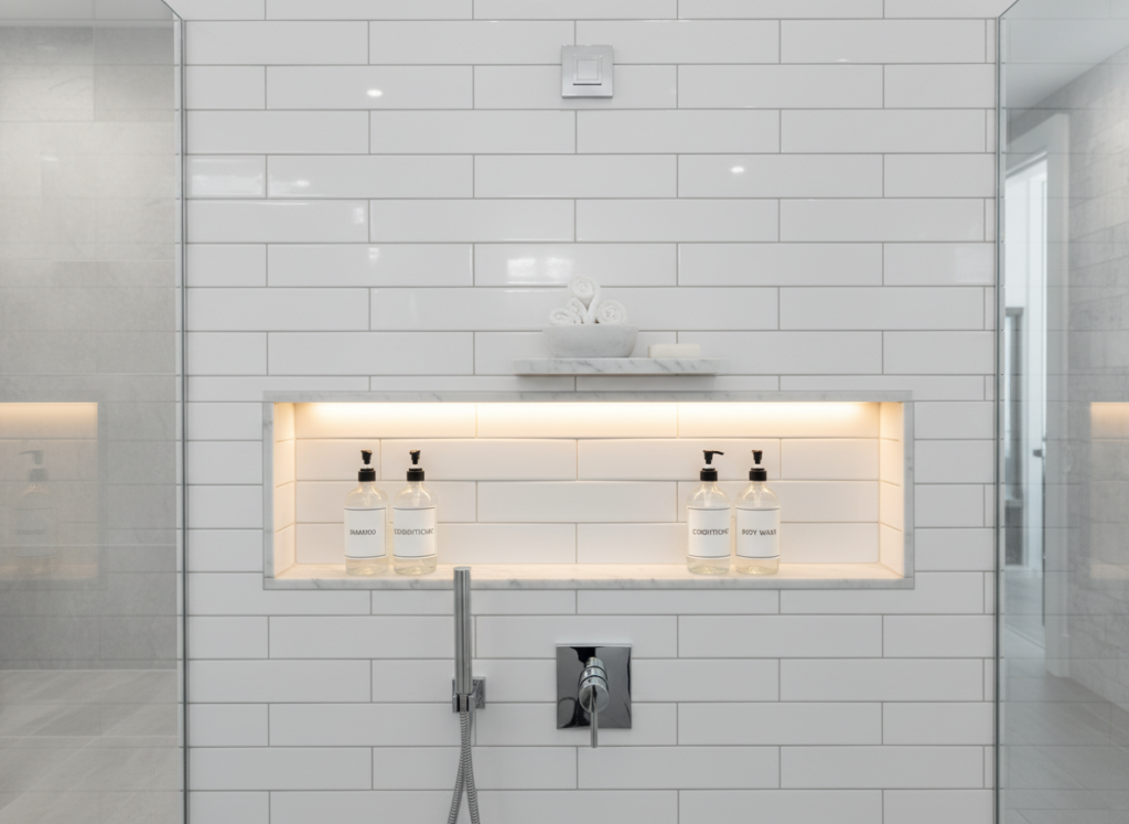 Shower niche with tile insert providing storage in small bathroom