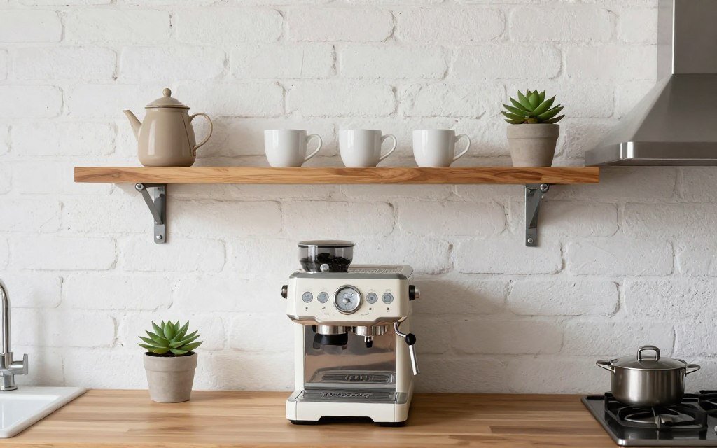 Single floating shelf coffee station above kitchen counter