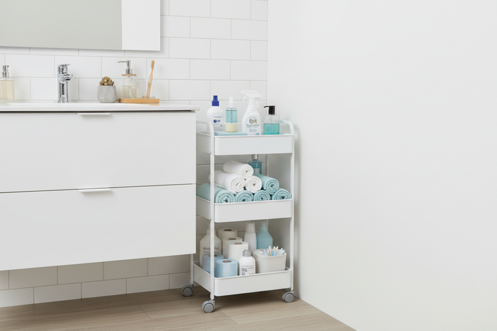 Slim rolling bathroom cart positioned between vanity and wall