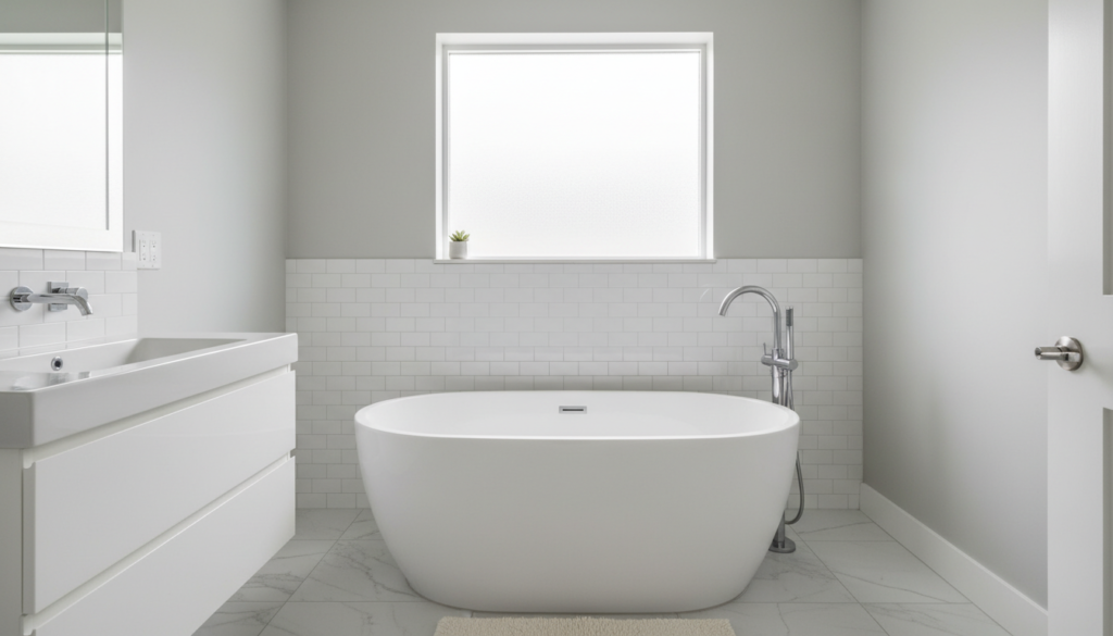 Small bathroom featuring elegant freestanding soaking tub