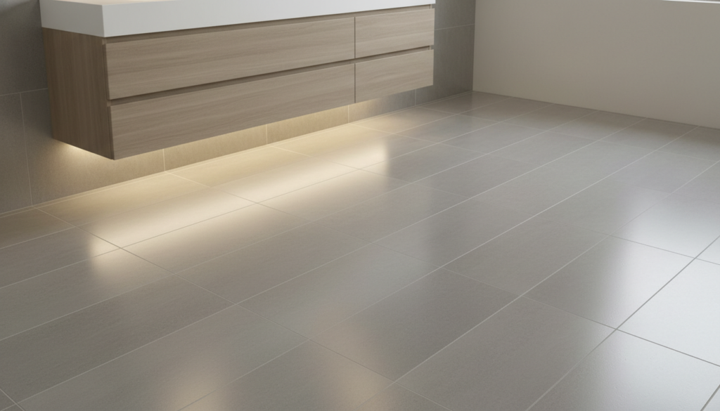 Small bathroom floor with large format tiles creating spacious look