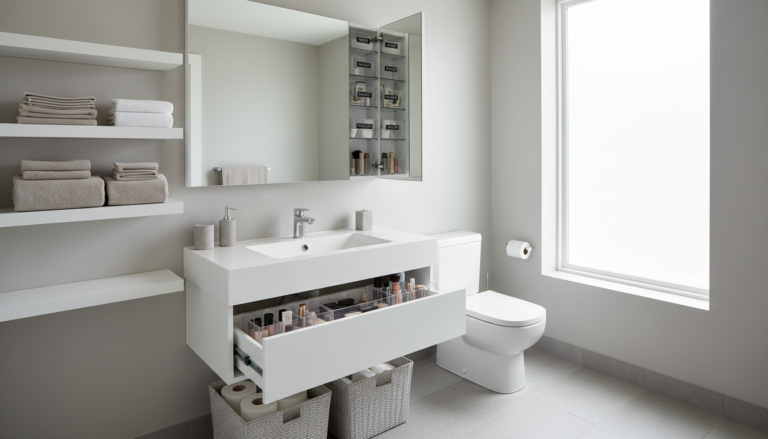 Small bathroom storage ideas showcasing organized vanity with drawer organizers and wall shelves