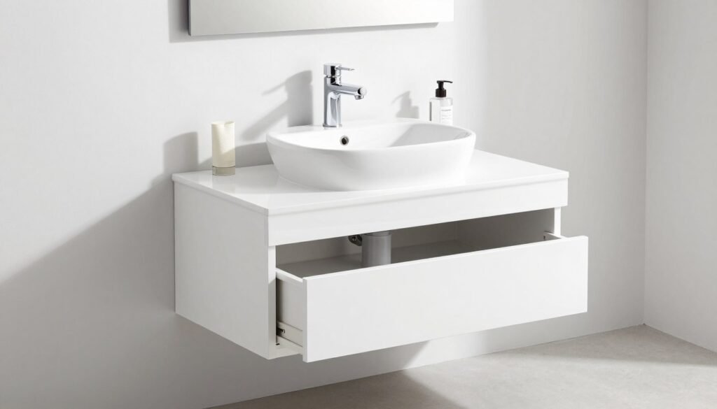 Small bathroom vanity with wall-mounted design and open space underneath