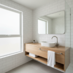 Small bathroom with elegant design showcasing white walls, floating vanity, and natural light