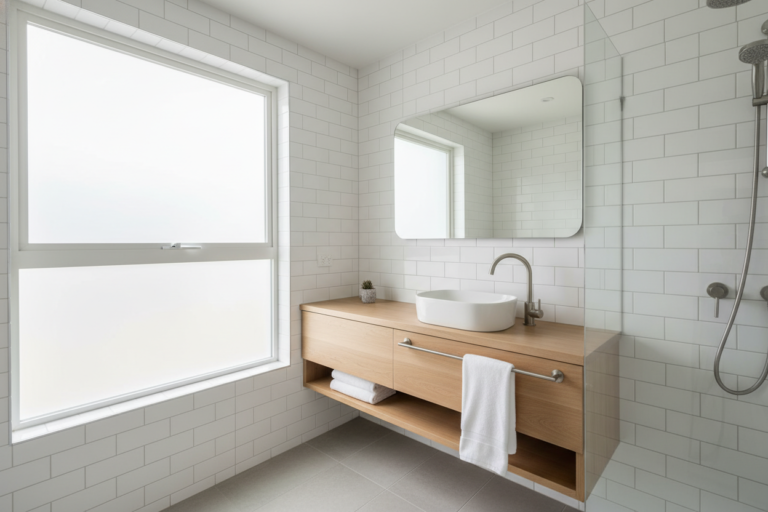 Small bathroom with elegant design showcasing white walls, floating vanity, and natural light