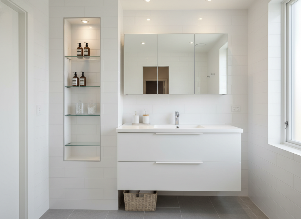 Small bathroom with floating vanity and built-in storage cabinets