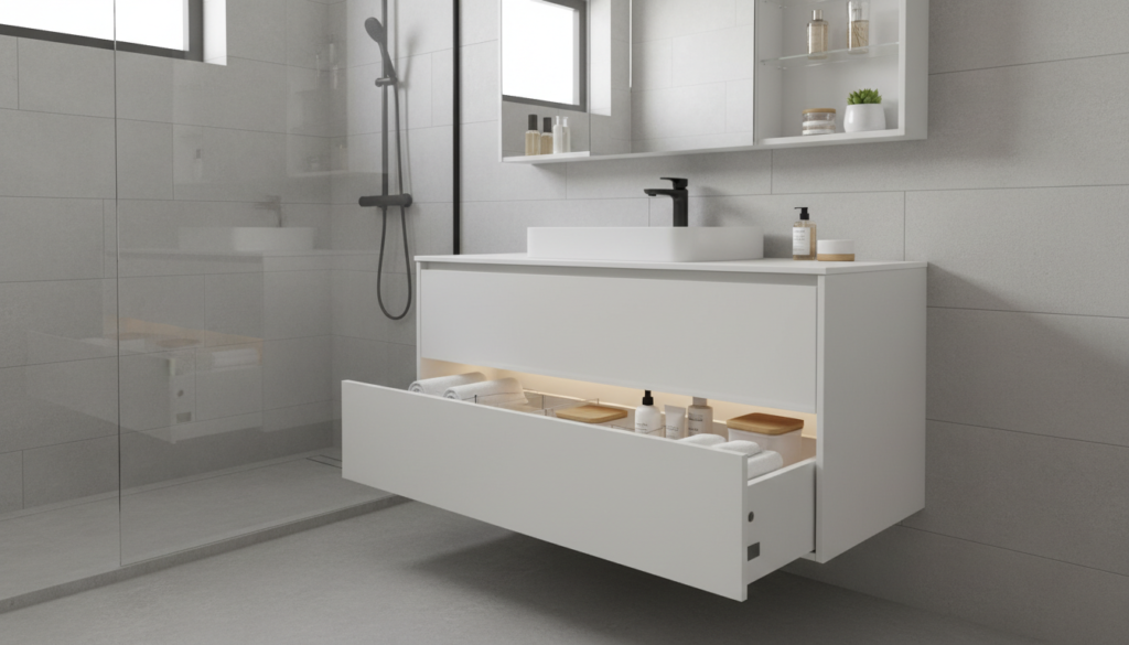 Small bathroom with floating vanity and organized storage solutions