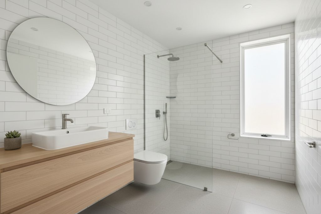 Small bathroom with glass shower door and light colors creating spacious feel