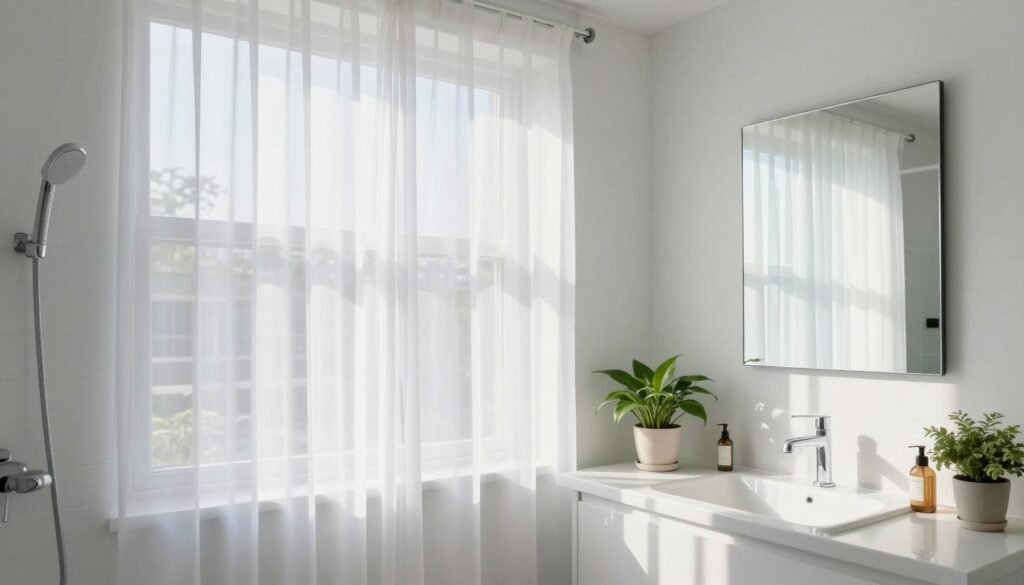 Small bathroom with large window flooding space with natural light