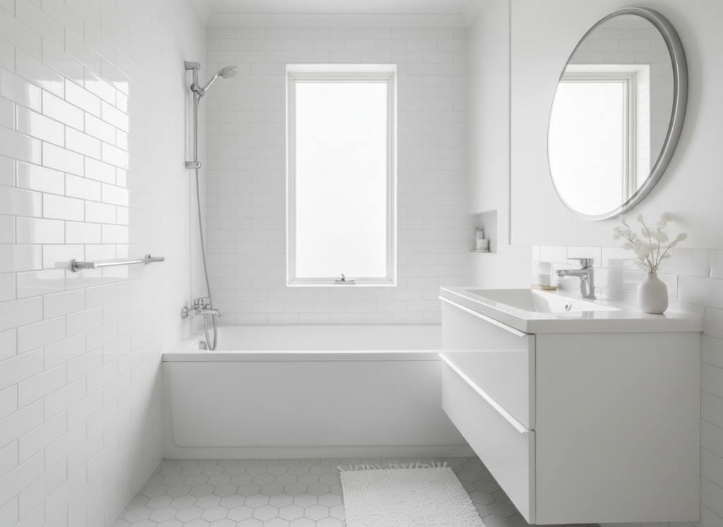 Small bathroom with monochromatic white color scheme