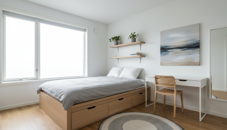 Small bedroom with light walls and multi-functional furniture creating spacious feel
