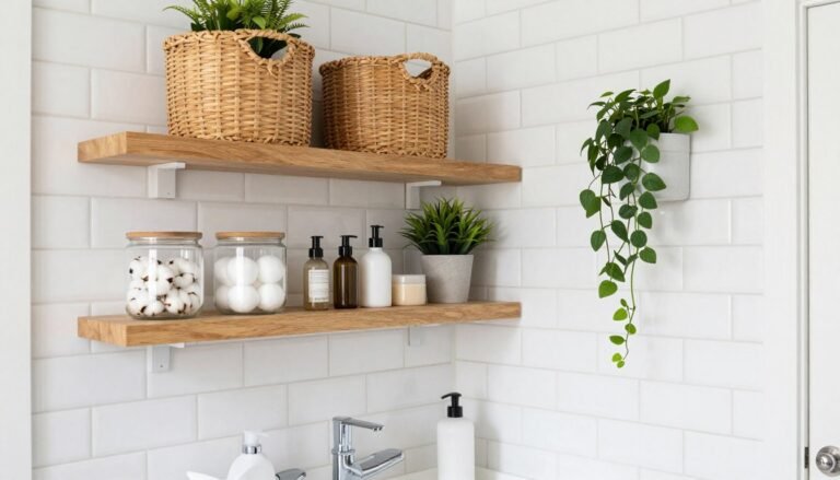 Small organized bathroom with white storage baskets and minimalist decor