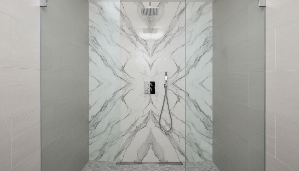 Small shower with accent wall creating focal point