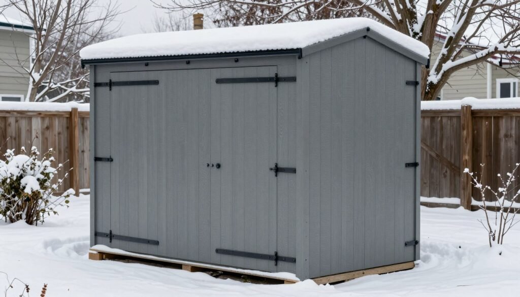 Snow-covered outdoor bin storage in winter