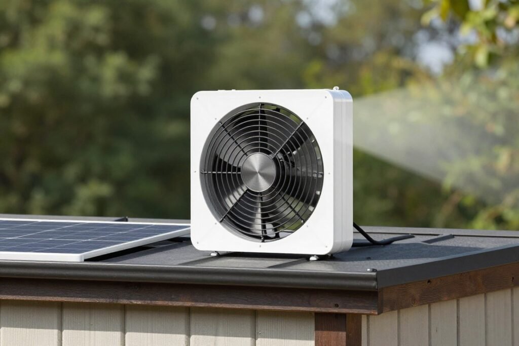 Solar-powered vent fan on outdoor shed
