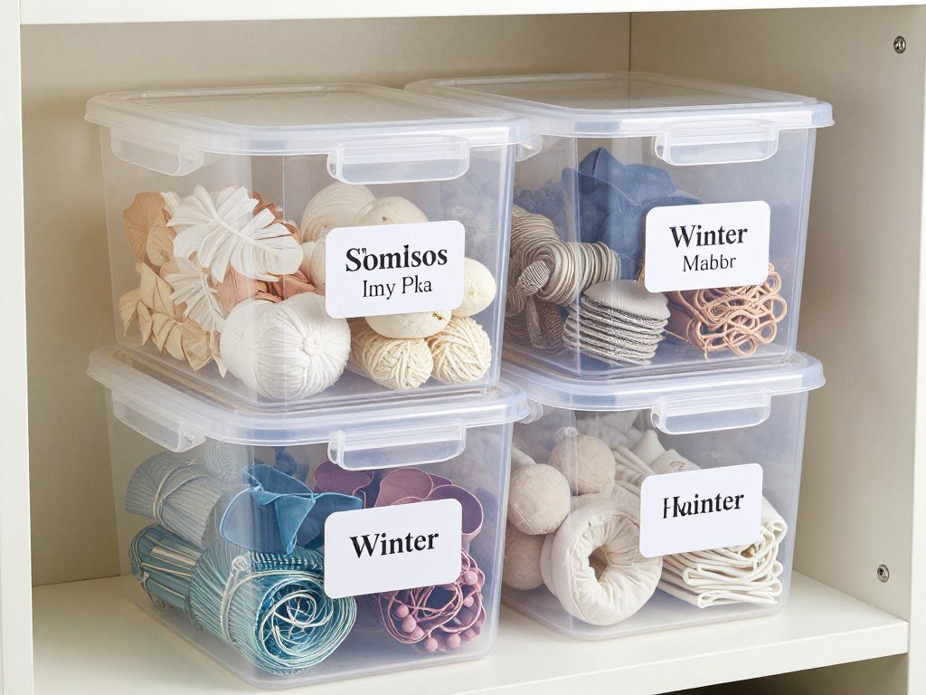 Stack of clear plastic storage bins with labels showing organized contents