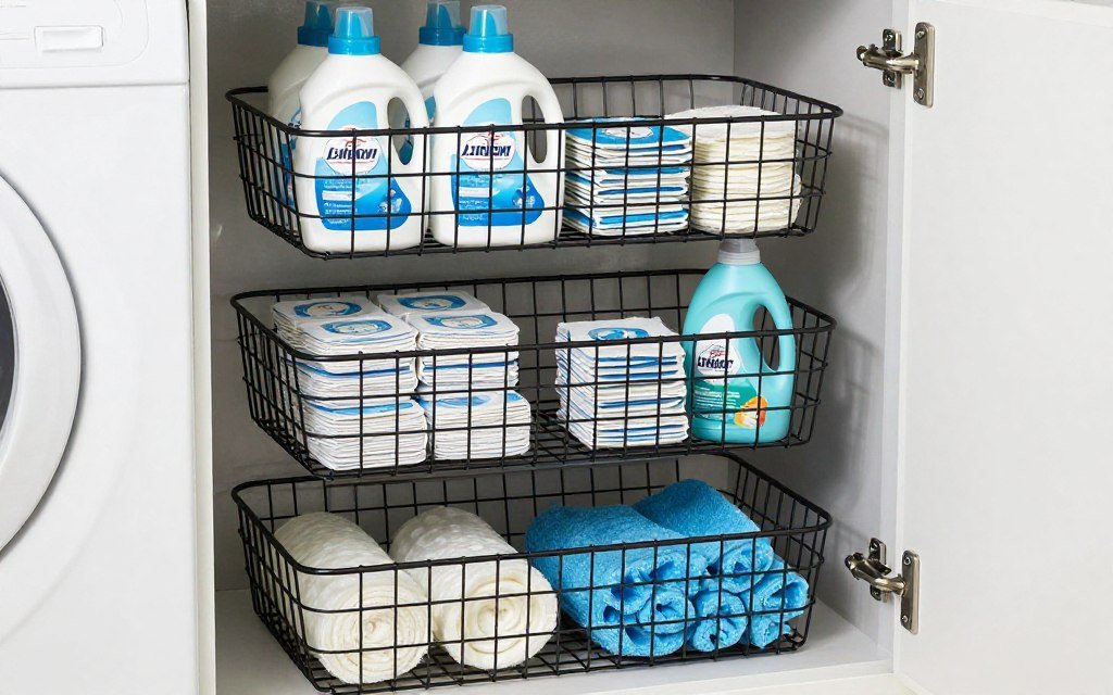 Stacked metal wire baskets in laundry room holding organized supplies