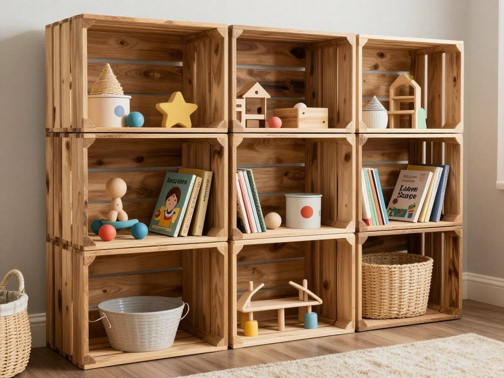 Stacked wooden crates creating rustic toy storage shelves
